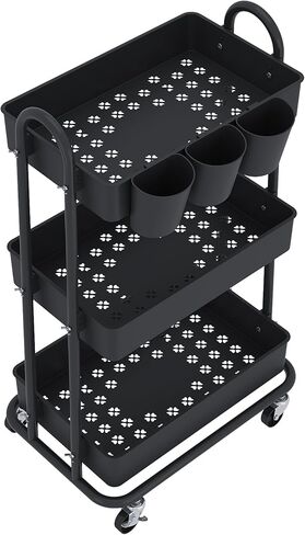 3-Tier Utility Cart with Wheels, Rolling Cart, Storage Shelves, Multi-Functional Organizer Cart for Bathroom, Office, Kitchen, Black in Saudi Arabia