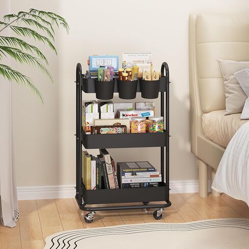 3-Tier Utility Cart with Wheels, Rolling Cart, Storage Shelves, Multi-Functional Organizer Cart for Bathroom, Office, Kitchen, Black in Saudi Arabia