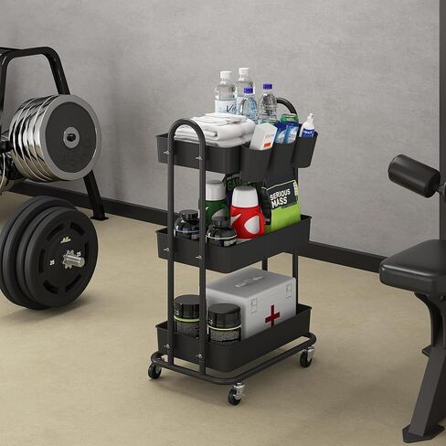 3-Tier Utility Cart with Wheels, Rolling Cart, Storage Shelves, Multi-Functional Organizer Cart for Bathroom, Office, Kitchen, Black in Saudi Arabia