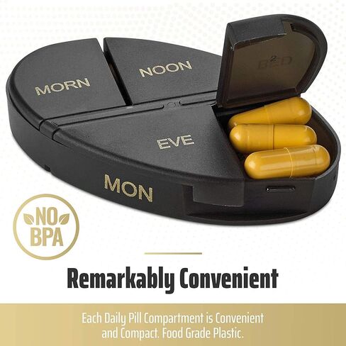 MEDca Weekly Pill Organizer, 1 Dispenser, 7 Stackable Multi-Color Compartments Four Times-a-Day - Morning, Noon, Evening, and Bedtime, Black in Kuwait