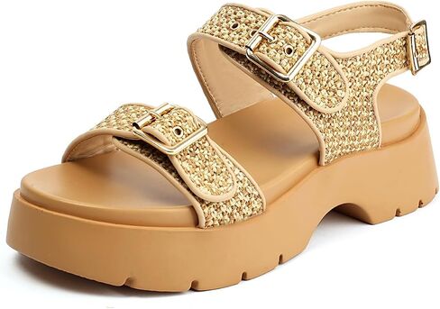 Women's Raffia Platform Sandals Adjustable Double Buckle Strap Open Toe Slingback Summer Beach Sandals Thick Sole in Saudi Arabia