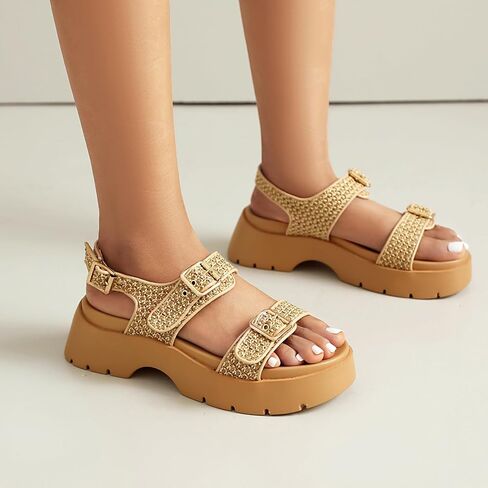 Women's Raffia Platform Sandals Adjustable Double Buckle Strap Open Toe Slingback Summer Beach Sandals Thick Sole in Saudi Arabia