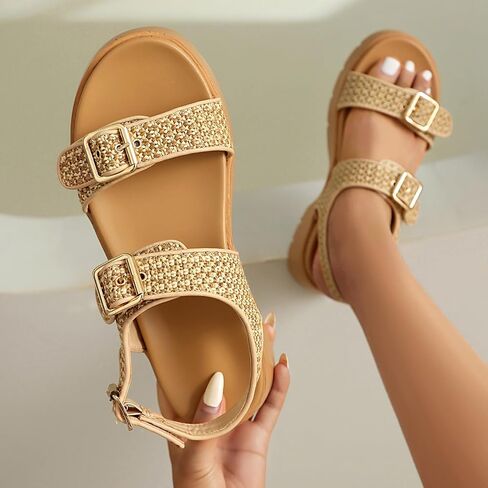 Women's Raffia Platform Sandals Adjustable Double Buckle Strap Open Toe Slingback Summer Beach Sandals Thick Sole in Saudi Arabia