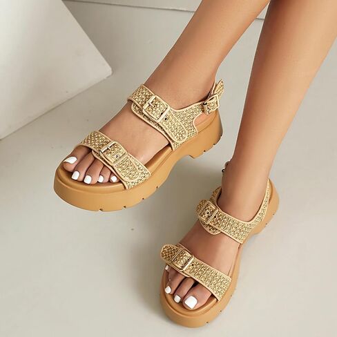 Women's Raffia Platform Sandals Adjustable Double Buckle Strap Open Toe Slingback Summer Beach Sandals Thick Sole in Saudi Arabia