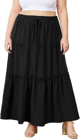 Moon Wood Women's Plus Size Maxi Skirt High Waisted Pleated A Line Flowy Tiered Long Skirts with Pockets in Saudi Arabia