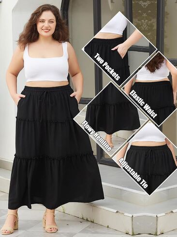 Moon Wood Women's Plus Size Maxi Skirt High Waisted Pleated A Line Flowy Tiered Long Skirts with Pockets in Saudi Arabia