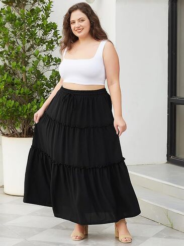 Moon Wood Women's Plus Size Maxi Skirt High Waisted Pleated A Line Flowy Tiered Long Skirts with Pockets in Saudi Arabia