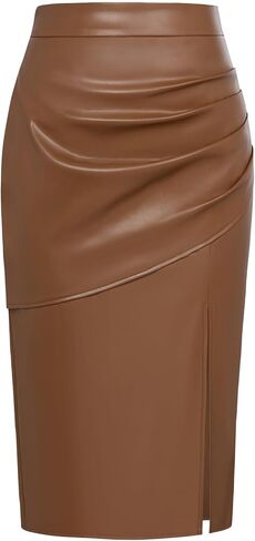 Kate Kasin Women's Faux Leather Skirts Front Slit Ruched Tummy Control High Waist Bodycon Midi Pencil Skirt S-XXL in Saudi Arabia