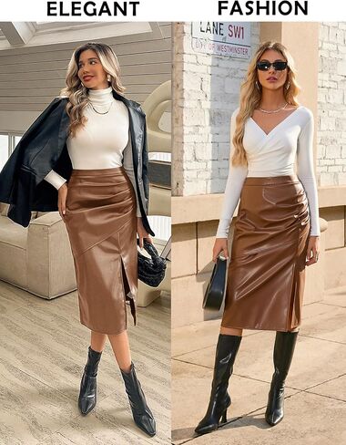 Kate Kasin Women's Faux Leather Skirts Front Slit Ruched Tummy Control High Waist Bodycon Midi Pencil Skirt S-XXL in Saudi Arabia