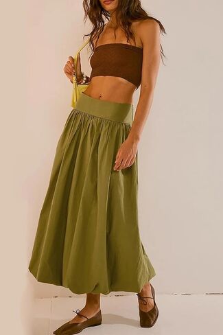 Y2K Bubble Maxi Skirts for Women A Line Long Pleated Casual Summer Skirts 2024 Elastic Waist Balloon Midi Skirt in Saudi Arabia