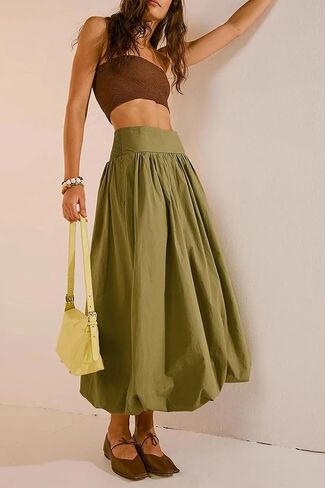 Y2K Bubble Maxi Skirts for Women A Line Long Pleated Casual Summer Skirts 2024 Elastic Waist Balloon Midi Skirt in Saudi Arabia