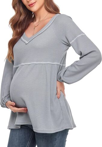 Women's Maternity Shirts Casual Long Sleeve Tunic Tops Waffle Knit Babydoll Pregnancy Blouses in Saudi Arabia