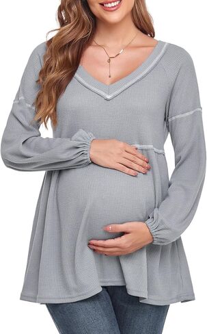 Women's Maternity Shirts Casual Long Sleeve Tunic Tops Waffle Knit Babydoll Pregnancy Blouses in Saudi Arabia