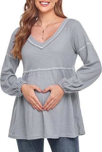 Women's Maternity Shirts Casual Long Sleeve Tunic Tops Waffle Knit Babydoll Pregnancy Blouses in Saudi Arabia