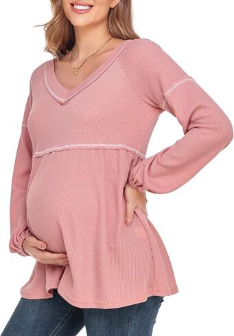 Women's Maternity Shirts Casual Long Sleeve Tunic Tops Waffle Knit Babydoll Pregnancy Blouses in Saudi Arabia