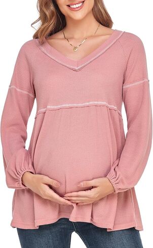Women's Maternity Shirts Casual Long Sleeve Tunic Tops Waffle Knit Babydoll Pregnancy Blouses in Saudi Arabia
