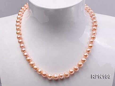 المرأة الكلاسيكية سلسلة واحدة المياه العذبة الطبيعية 9 مللي متر قلادة اللؤلؤ الوردي المستديرة ستراند 18" in Kuwait