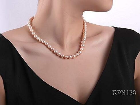 المرأة الكلاسيكية سلسلة واحدة المياه العذبة الطبيعية 9 مللي متر قلادة اللؤلؤ الوردي المستديرة ستراند 18" in Kuwait