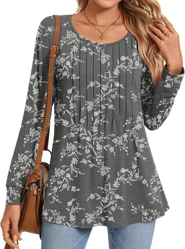 Anyhold Women's Fall Long Sleeve Tunic Tops Dressy Casual Shirts Crew Neck T-Shirt Pleated Business Blouses in Kuwait