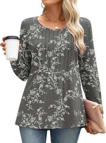 Anyhold Women's Fall Long Sleeve Tunic Tops Dressy Casual Shirts Crew Neck T-Shirt Pleated Business Blouses in Kuwait