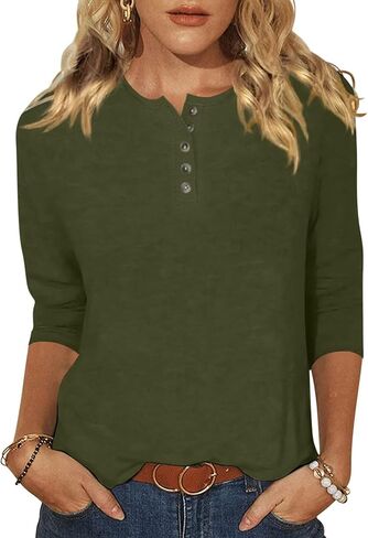 EADINVE Womens Crew Neck 3/4 Sleeve Tops Basic Button T-Shirts Solid Loose Cute Tunic Tee Blouses Fit Pullover in Saudi Arabia