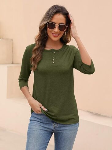 EADINVE Womens Crew Neck 3/4 Sleeve Tops Basic Button T-Shirts Solid Loose Cute Tunic Tee Blouses Fit Pullover in Saudi Arabia
