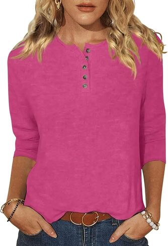 EADINVE Womens Crew Neck 3/4 Sleeve Tops Basic Button T-Shirts Solid Loose Cute Tunic Tee Blouses Fit Pullover in Saudi Arabia