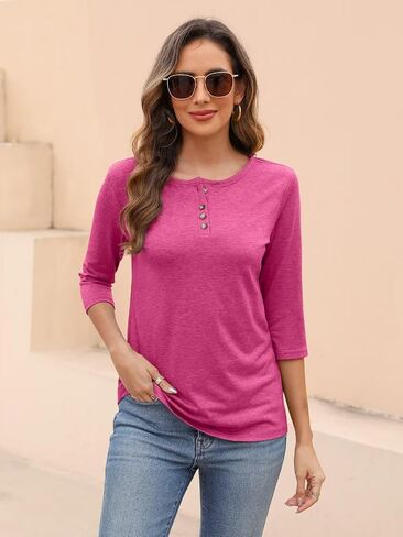 EADINVE Womens Crew Neck 3/4 Sleeve Tops Basic Button T-Shirts Solid Loose Cute Tunic Tee Blouses Fit Pullover in Saudi Arabia