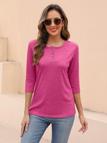 EADINVE Womens Crew Neck 3/4 Sleeve Tops Basic Button T-Shirts Solid Loose Cute Tunic Tee Blouses Fit Pullover in Saudi Arabia