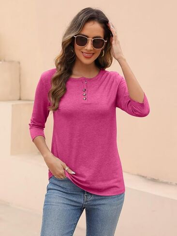 EADINVE Womens Crew Neck 3/4 Sleeve Tops Basic Button T-Shirts Solid Loose Cute Tunic Tee Blouses Fit Pullover in Saudi Arabia
