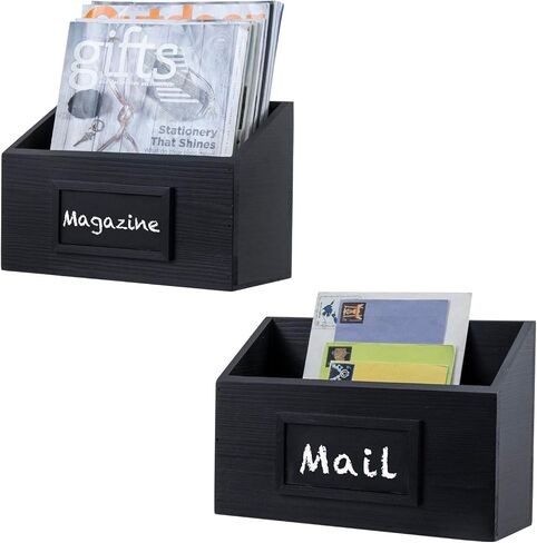 MyGift Vintage Coal Black Solid Wood Hanging Magazine Holder Rack, Wall Mounted Wooden Mail Sorter and Paper File Organizer Bin with Chalkboard Label, Set of 2 in Saudi Arabia