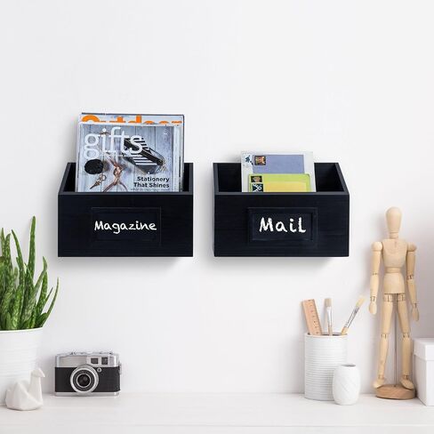 MyGift Vintage Coal Black Solid Wood Hanging Magazine Holder Rack, Wall Mounted Wooden Mail Sorter and Paper File Organizer Bin with Chalkboard Label, Set of 2 in Saudi Arabia