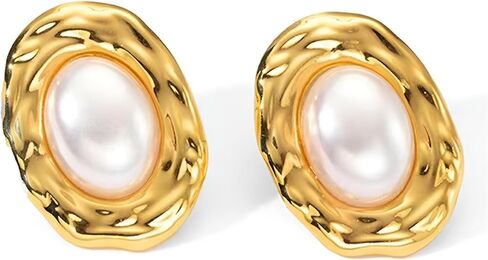 أقراط اللؤلؤ البيضاوي أقراط الزر الذهبي أقراط خمر للنساء مجوهرات الأزياء in Kuwait