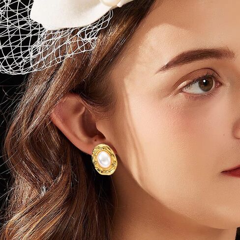 أقراط اللؤلؤ البيضاوي أقراط الزر الذهبي أقراط خمر للنساء مجوهرات الأزياء in Kuwait