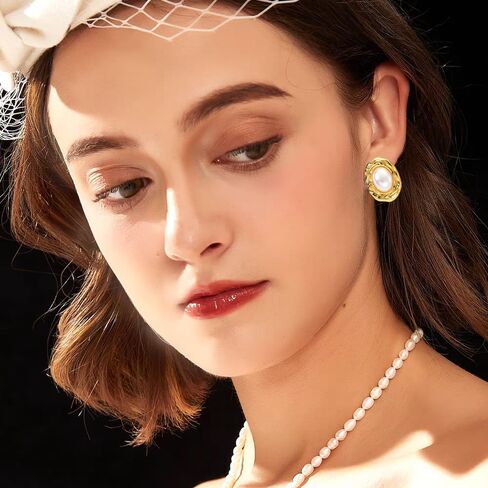 أقراط اللؤلؤ البيضاوي أقراط الزر الذهبي أقراط خمر للنساء مجوهرات الأزياء in Kuwait