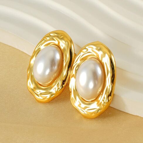 أقراط اللؤلؤ البيضاوي أقراط الزر الذهبي أقراط خمر للنساء مجوهرات الأزياء in Kuwait