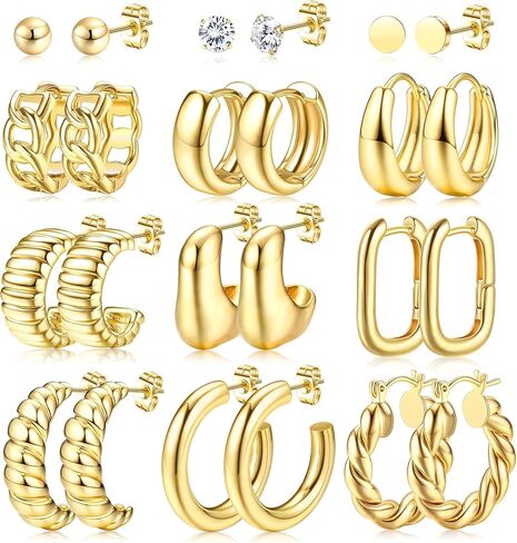 BestEEL 12 زوجًا من الأقراط الذهبية المكتنزة للنساء العصرية لا تسبب الحساسية 14 قيراط مطلية بالذهب سميكة من الفولاذ المقاوم للصدأ الجراحي مسمار Huggie حلق مكدسات حزمة مجوهرات للآذان الحساسة in Kuwait