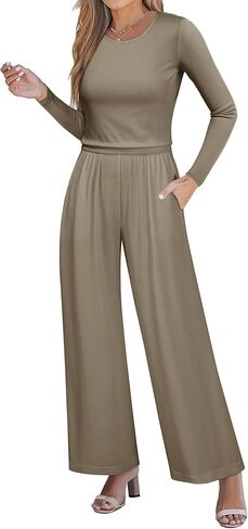 Nlife Tank Top Sleeveless Flare Jumpsuit with Pockets Women Crew Neck Zipper Back Romper Halter Jumper Wide leg Bodysuits in Saudi Arabia
