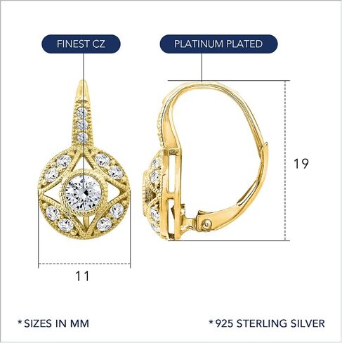 Leverback Drop & Dangle Earrings for Women by DIAMONBLISS | 14K Yellow Gold, Rose Gold, Platinum Plated 925 Sterling Silver | 1 Carat Round Cut Cubic Zirconia CZ Simulated Diamond | Vintage Antique Earrings in Saudi Arabia