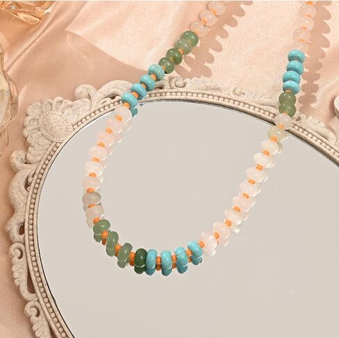 الحجر الطبيعي مطرز قلادة للنساء بوهو اليدوية مطرز قلادة الخرز الملونة المختنق قلادة 14 كيلو الذهب مطلي مشبك دائري سيرفر الشاطئ قلادة الصيف المجوهرات هدية in Kuwait