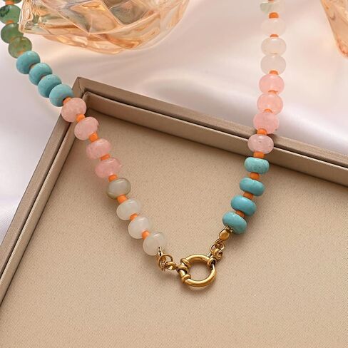 الحجر الطبيعي مطرز قلادة للنساء بوهو اليدوية مطرز قلادة الخرز الملونة المختنق قلادة 14 كيلو الذهب مطلي مشبك دائري سيرفر الشاطئ قلادة الصيف المجوهرات هدية in Kuwait