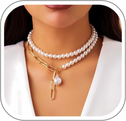 Pearl Choker Necklaces for Women Faux Pearl Necklaces Summer Layered Pearl Necklace Big Chunky Pearl Necklace Fashion Jewelry Gifts in Saudi Arabia
