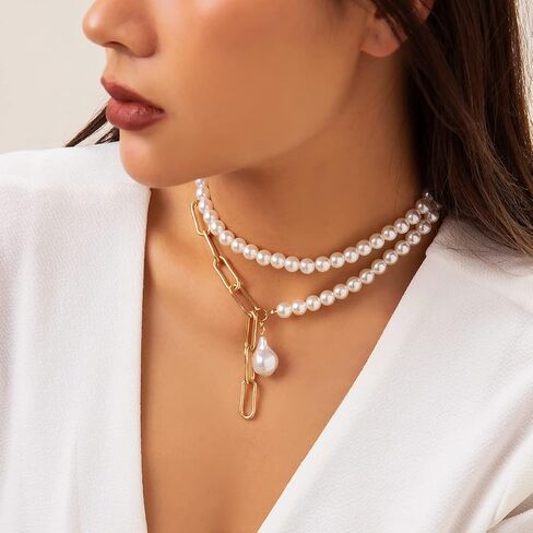 Pearl Choker Necklaces for Women Faux Pearl Necklaces Summer Layered Pearl Necklace Big Chunky Pearl Necklace Fashion Jewelry Gifts in Saudi Arabia