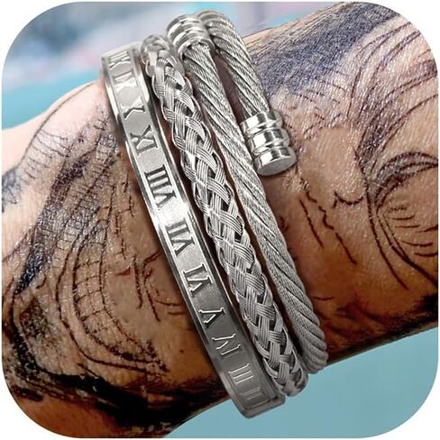 SAILIMUE Gold Bracelets for Men Women - Stainless Steel Roman Numeral Bangle Bracelet Silver Adjustable Cuff Bracelet Mens Twisted Cable Bracelet 3Pcs Luxury Bracelets Jewelry Gifts… in Saudi Arabia