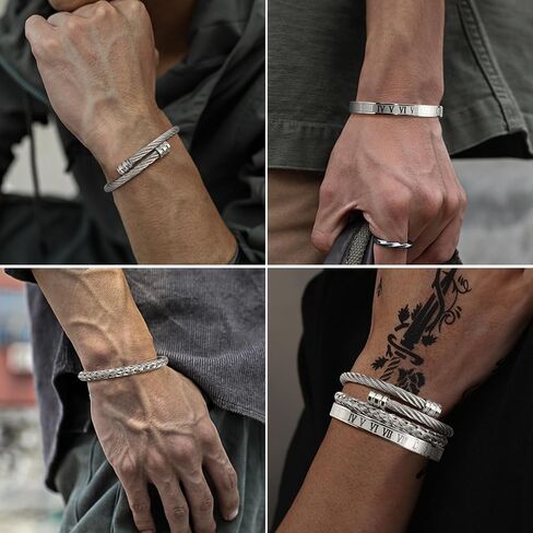 SAILIMUE Gold Bracelets for Men Women - Stainless Steel Roman Numeral Bangle Bracelet Silver Adjustable Cuff Bracelet Mens Twisted Cable Bracelet 3Pcs Luxury Bracelets Jewelry Gifts… in Saudi Arabia