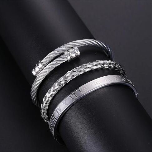 SAILIMUE Gold Bracelets for Men Women - Stainless Steel Roman Numeral Bangle Bracelet Silver Adjustable Cuff Bracelet Mens Twisted Cable Bracelet 3Pcs Luxury Bracelets Jewelry Gifts… in Saudi Arabia