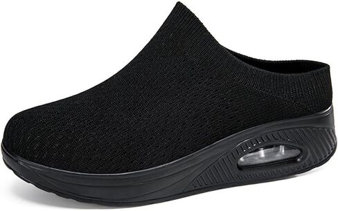 Orthopedic Mule Clogs for Women Stretch Knitted Platform Closed Round Toe Comfortable Breathable Air Cushion Walking Sliipers Open Back Wedge Heel Casual Mules Sneaker with Arch Support in Saudi Arabia