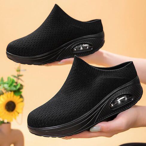 Orthopedic Mule Clogs for Women Stretch Knitted Platform Closed Round Toe Comfortable Breathable Air Cushion Walking Sliipers Open Back Wedge Heel Casual Mules Sneaker with Arch Support in Saudi Arabia