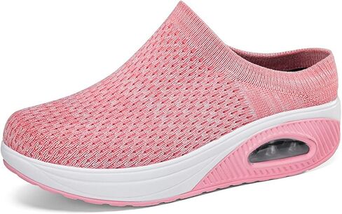 Orthopedic Mule Clogs for Women Stretch Knitted Platform Closed Round Toe Comfortable Breathable Air Cushion Walking Sliipers Open Back Wedge Heel Casual Mules Sneaker with Arch Support in Saudi Arabia