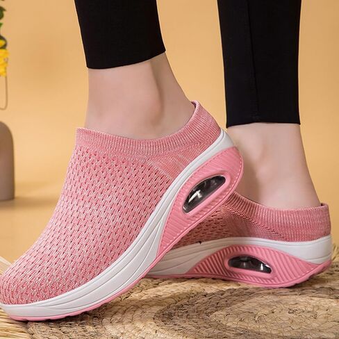 Orthopedic Mule Clogs for Women Stretch Knitted Platform Closed Round Toe Comfortable Breathable Air Cushion Walking Sliipers Open Back Wedge Heel Casual Mules Sneaker with Arch Support in Saudi Arabia